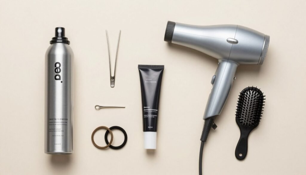 Flat lay of recommended styling products for half up half down short hair styles Flat lay of recommended styling products for half up half down short hair styles