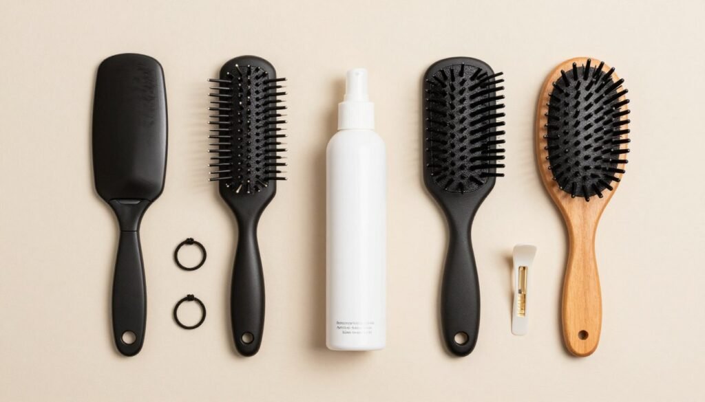 Flat lay of styling tools for half up half down hair black women including edge control, bobby pins, hair ties, and styling cream Flat lay of styling tools for half up half down hair black women including edge control, bobby pins, hair ties, and styling cream