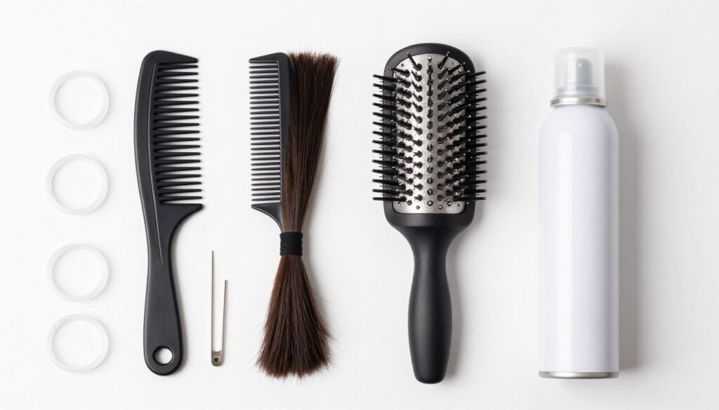 Flat lay of styling tools needed for half up half down pigtails including combs, elastics, and pins Flat lay of styling tools needed for half up half down pigtails including combs, elastics, and pins