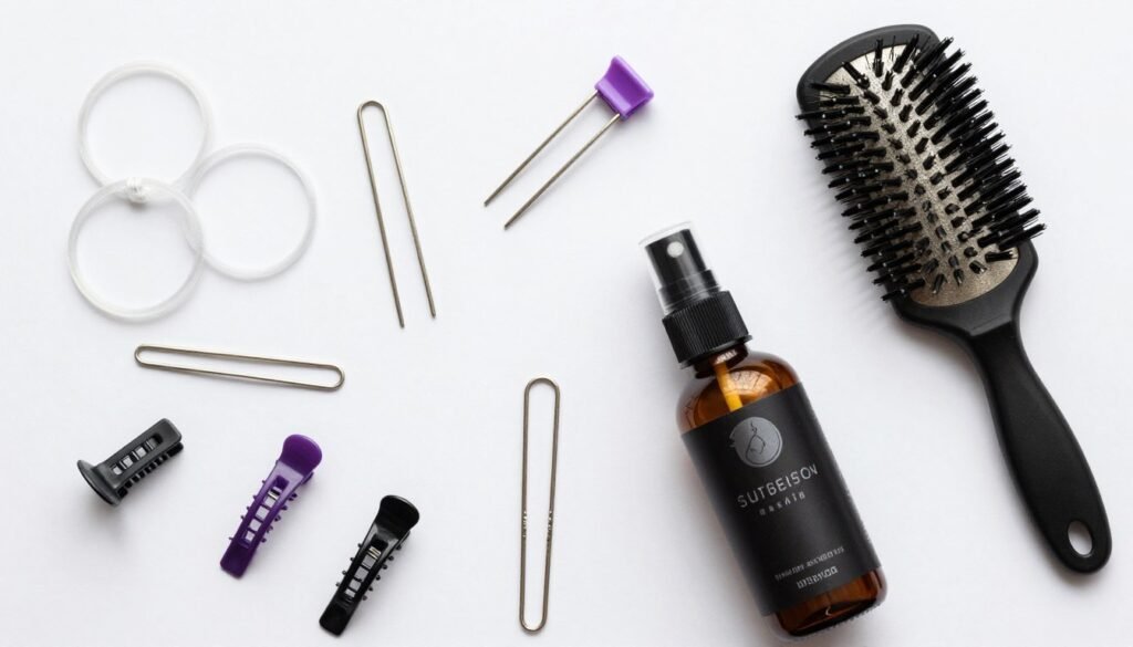 Flat lay of styling tools needed for half up half down short hair styles including bobby pins and hair elastics Flat lay of styling tools needed for half up half down short hair styles including bobby pins and hair elastics