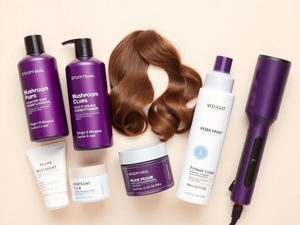 Flatlay of essential hair products for maintaining mushroom brown hair color
