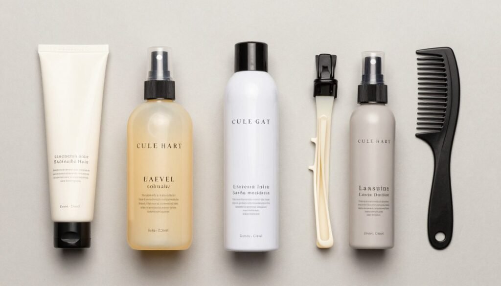 Flatlay of essential styling products for half up half down curly hair