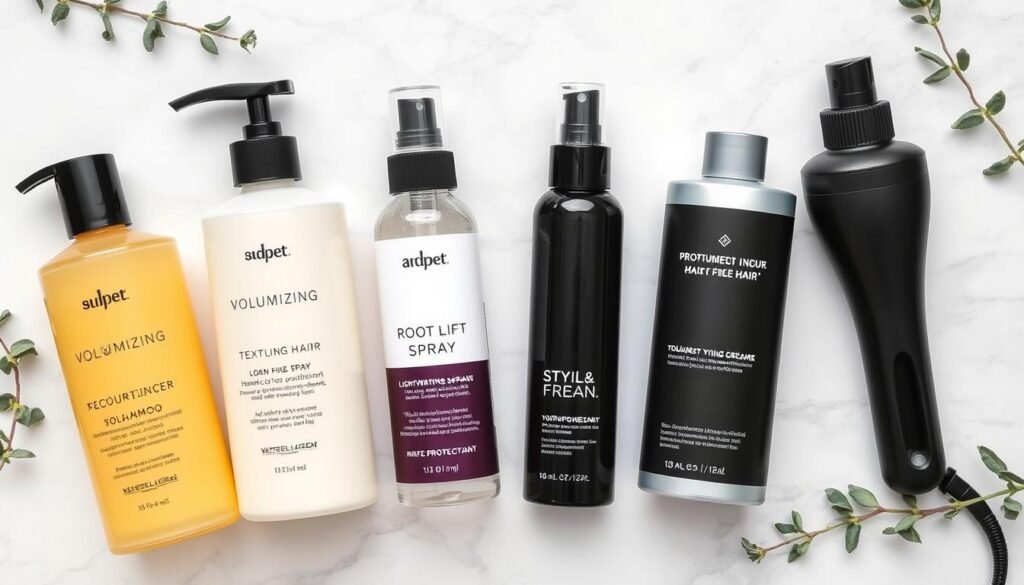 Flatlay of recommended hair products for medium length thin fine hair