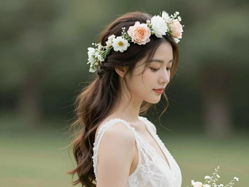 Floral crown with half up half down wedding hairstyle