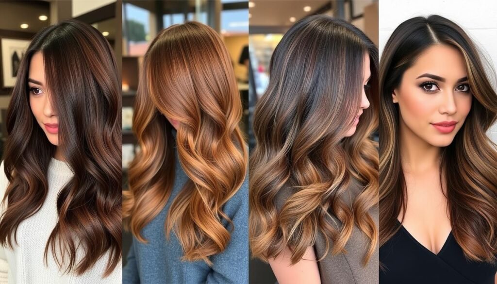 Four seasonal looks for brunette hair showing different tones for each season Four seasonal looks for brunette hair showing different tones for each season