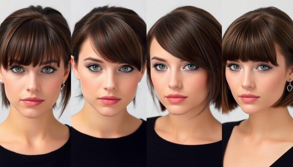 Four women with different face shapes all wearing medium length haircuts with curtain bangs Four women with different face shapes all wearing medium length haircuts with curtain bangs
