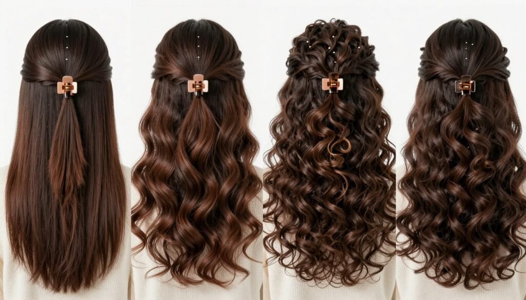 Four women with different hair types wearing half up half down claw clip styles Four women with different hair types wearing half up half down claw clip styles