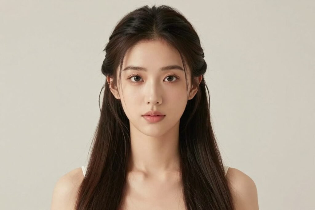 Front view of half up half down pigtails on a woman with long hair showing the face-framing effect Front view of half up half down pigtails on a woman with long hair showing the face-framing effect