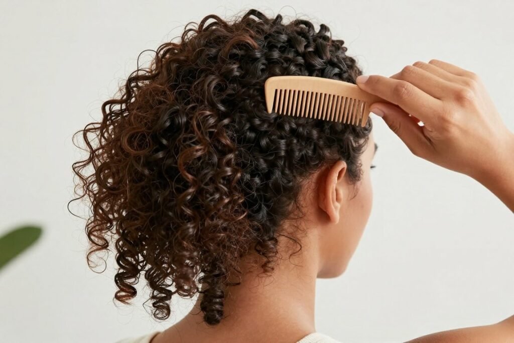 Gently detangling curly half up half down weave with wide-tooth comb Gently detangling curly half up half down weave with wide-tooth comb
