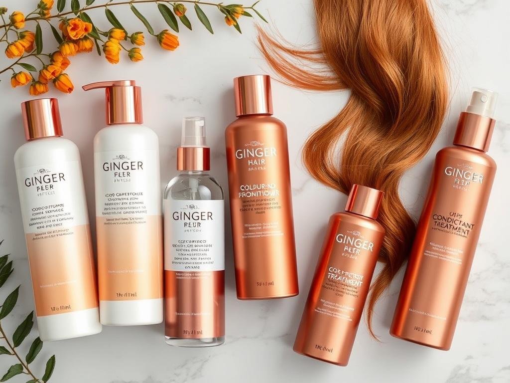 Ginger hair care products arranged aesthetically including color-safe shampoo, conditioner, and heat protectant