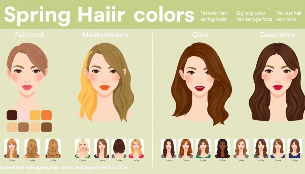 Guide showing different spring hair colors matched to various skin tones