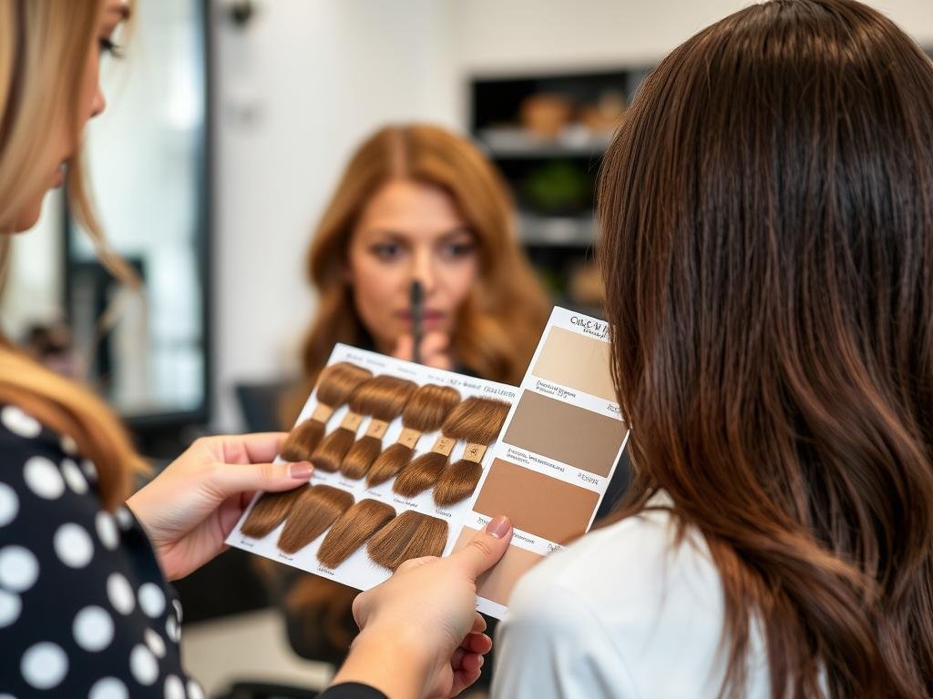 Hair consultation for mushroom brown balayage showing color swatches and planning