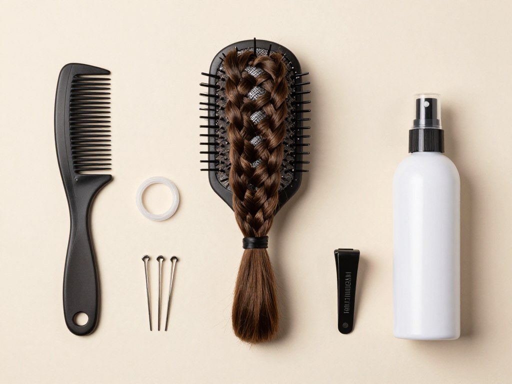 Hair styling tools arranged neatly including tail comb, clear elastics, bobby pins, and texture spray for half up half down braids Hair styling tools arranged neatly including tail comb, clear elastics, bobby pins, and texture spray for half up half down braids