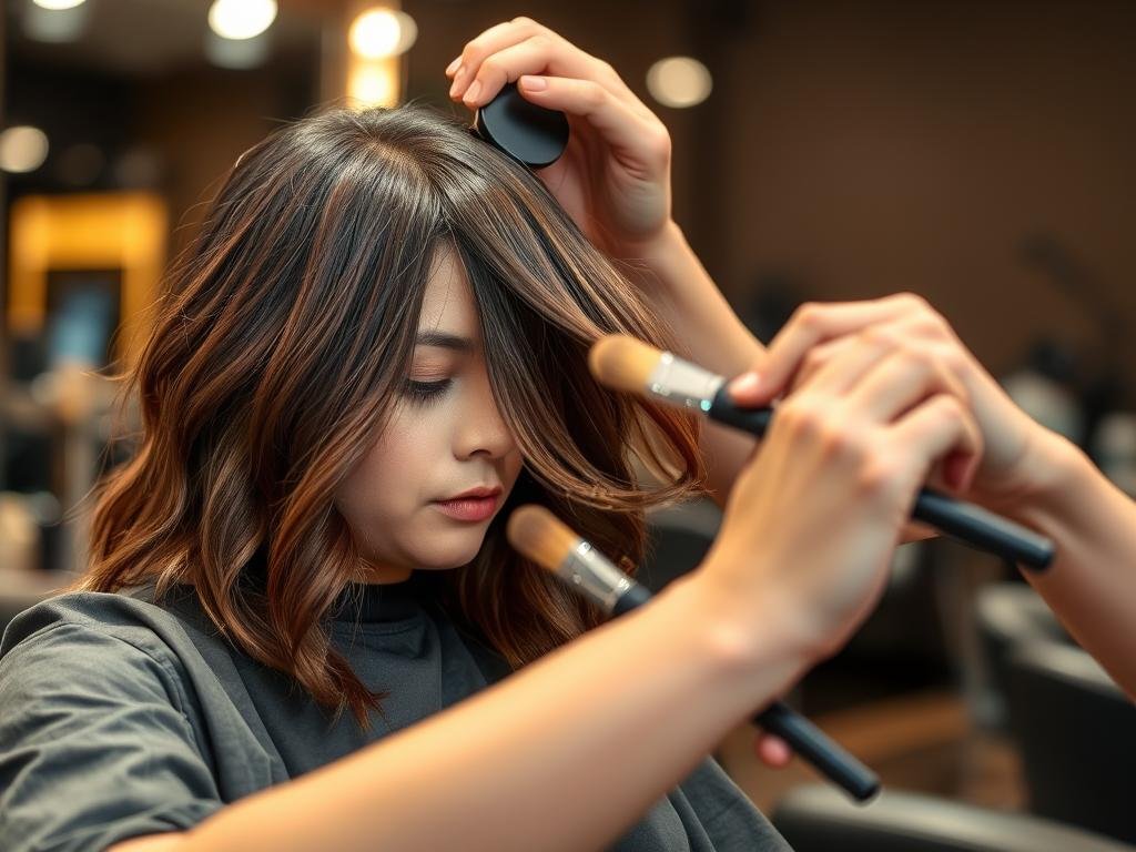 Hair stylist applying dark cowboy copper color in a salon setting Hair stylist applying dark cowboy copper color in a salon setting
