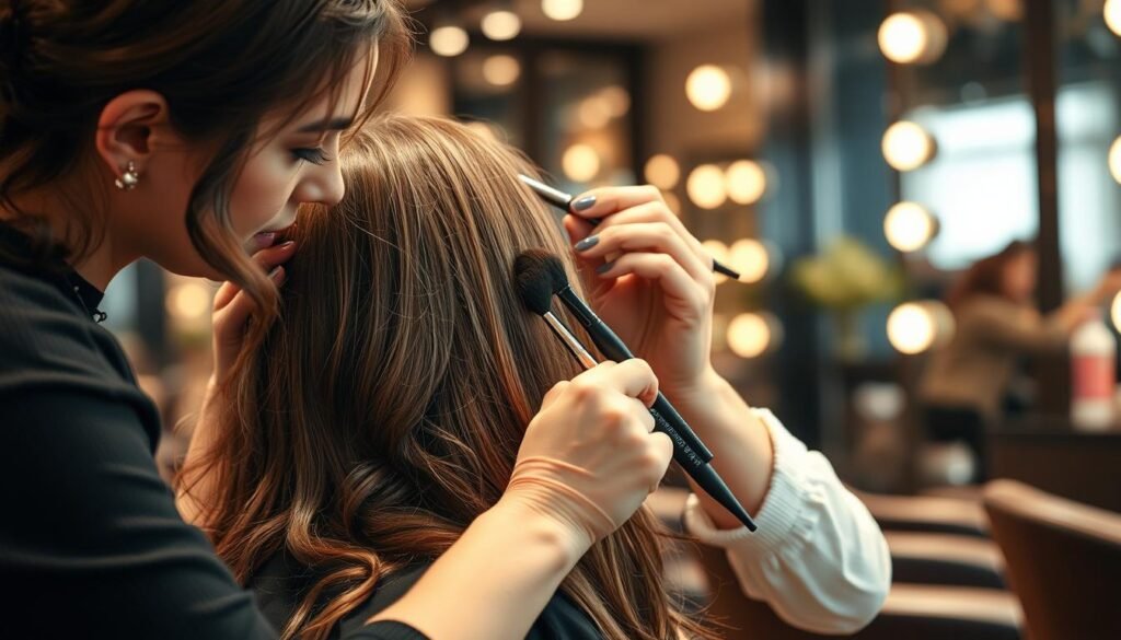 Hair stylist applying teddy bear brown color to client's hair in salon