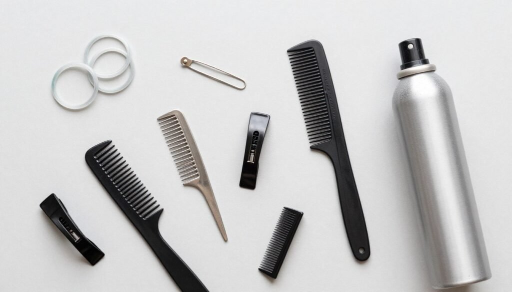 Hairstyling tools for creating 2 ponytails half up half down hairstyle Hairstyling tools for creating 2 ponytails half up half down hairstyle