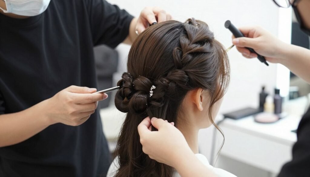 Hairstylist creating bridal half up half down hairstyle Hairstylist creating bridal half up half down hairstyle