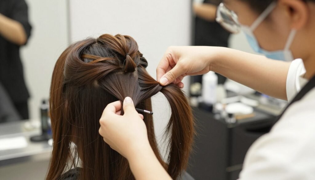 Hairstylist demonstrating professional techniques for half up half down hairstyles