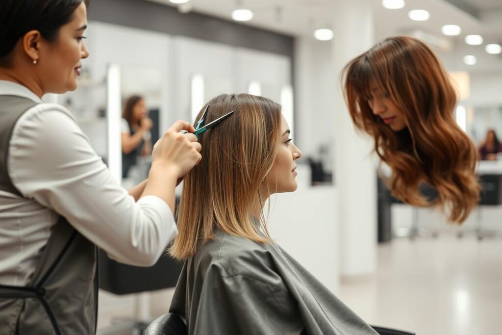 Hairstylist trimming a woman's medium length haircut Hairstylist trimming a woman's medium length haircut