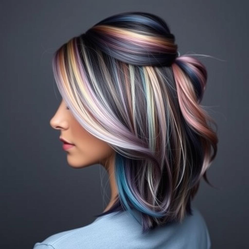 Half-up hairstyle with calico hair showing color placement Half-up hairstyle with calico hair showing color placement