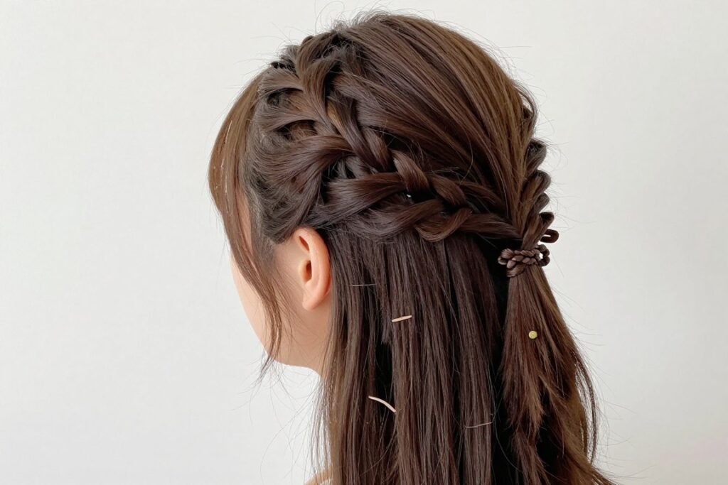 Half up half down claw clip style with braided accents Half up half down claw clip style with braided accents