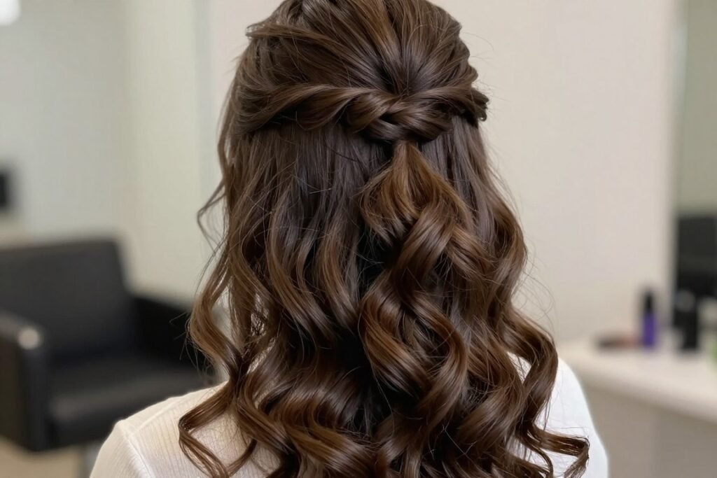 Half up half down hairstyle showing the balance of secured top and flowing bottom sections