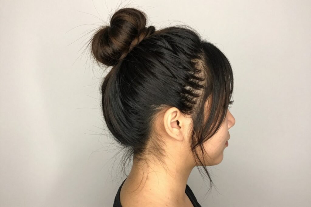 Half up half down hairstyle with a twisted top knot