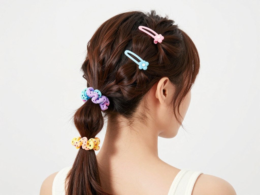 Half up half down pigtails decorated with hair accessories like scrunchies and clips Half up half down pigtails decorated with hair accessories like scrunchies and clips