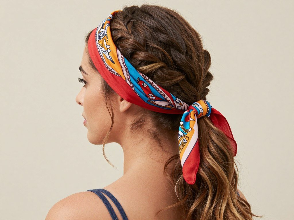 Half up half down pigtails styled with a bandana or scarf wrapped around the head Half up half down pigtails styled with a bandana or scarf wrapped around the head