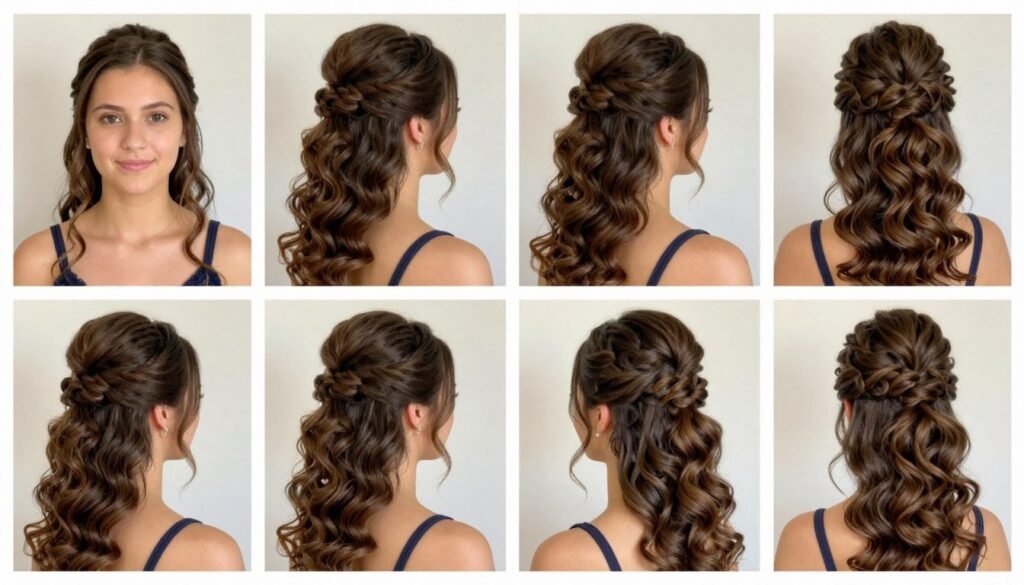 Half up half down prom hair shown from multiple angles demonstrating its staying power