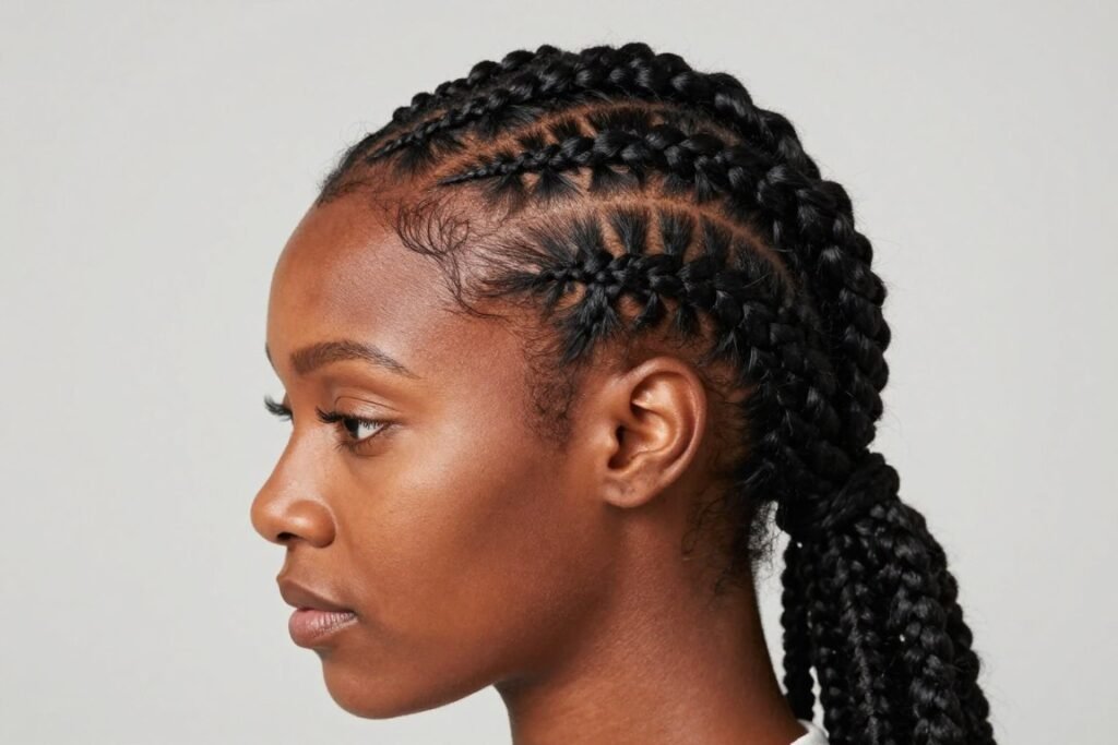 Half up half down quick weave with braided details Half up half down quick weave with braided details