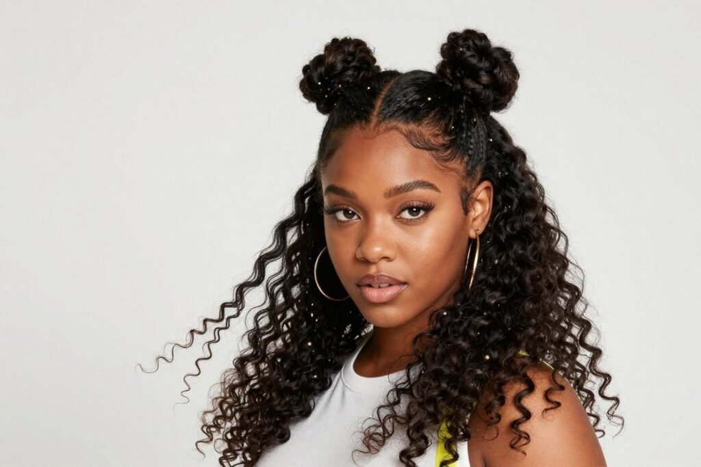 Half up half down quick weave with space buns style Half up half down quick weave with space buns style