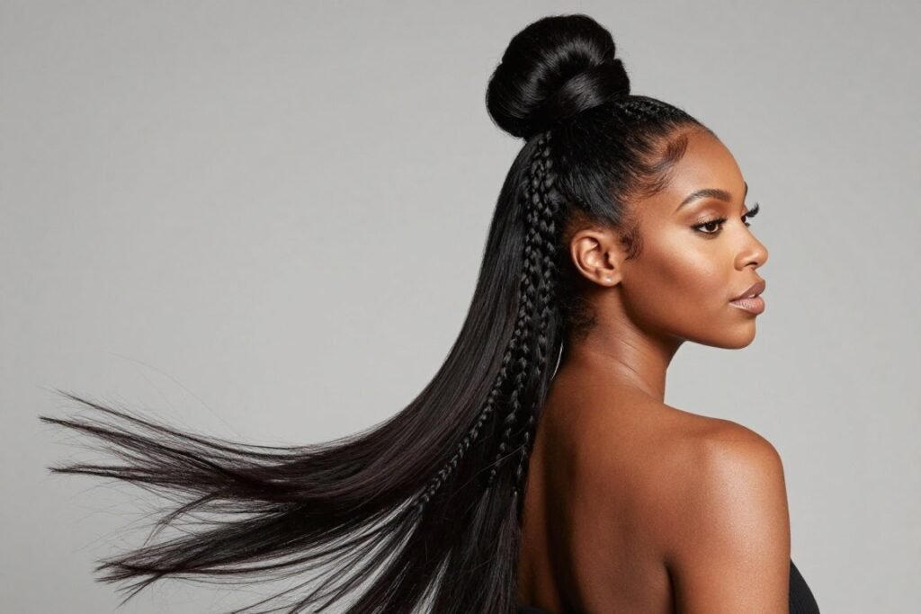 Half up half down quick weave with top knot bun Half up half down quick weave with top knot bun