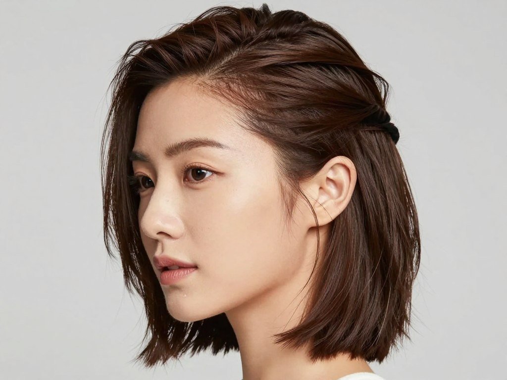 Half up half down slick back on medium-length hair Half up half down slick back on medium-length hair