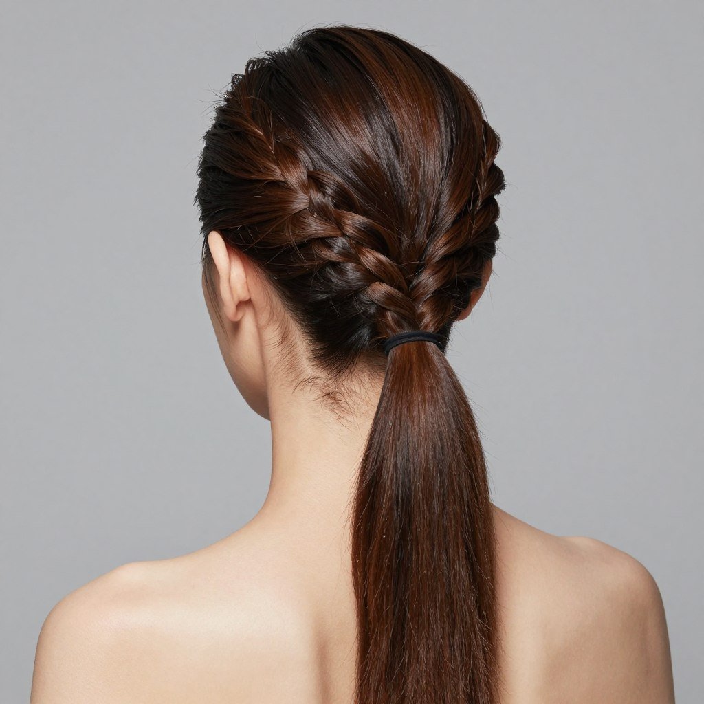 Half up half down slick back with braided top section Half up half down slick back with braided top section