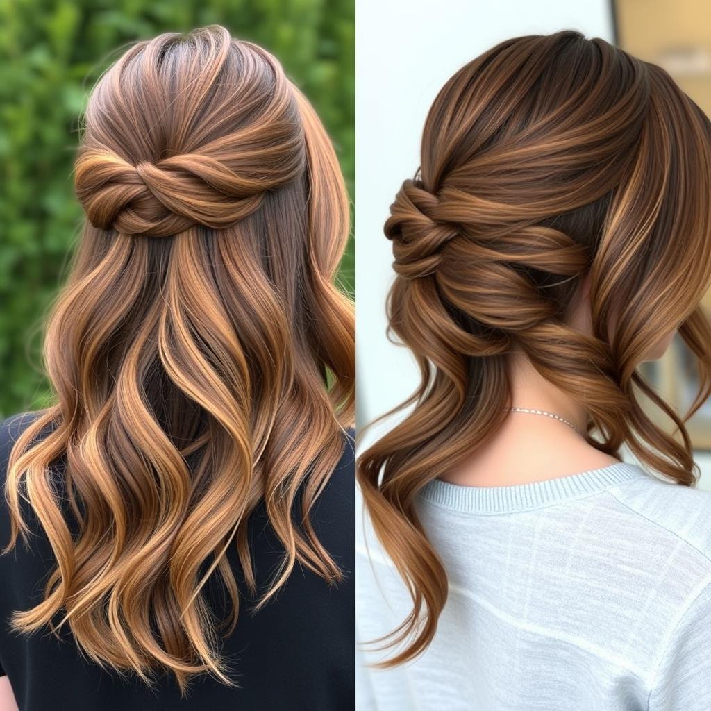 Half-up half-down style with mushroom brown balayage