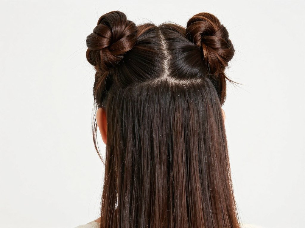 Half up half down style with the pigtails twisted into small buns instead of hanging down Half up half down style with the pigtails twisted into small buns instead of hanging down