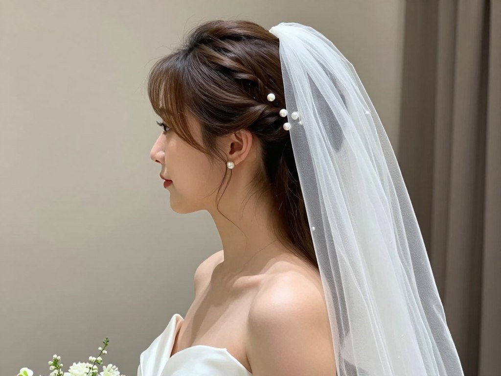 Half up half down wedding hairstyle with twisted sections and cathedral veil