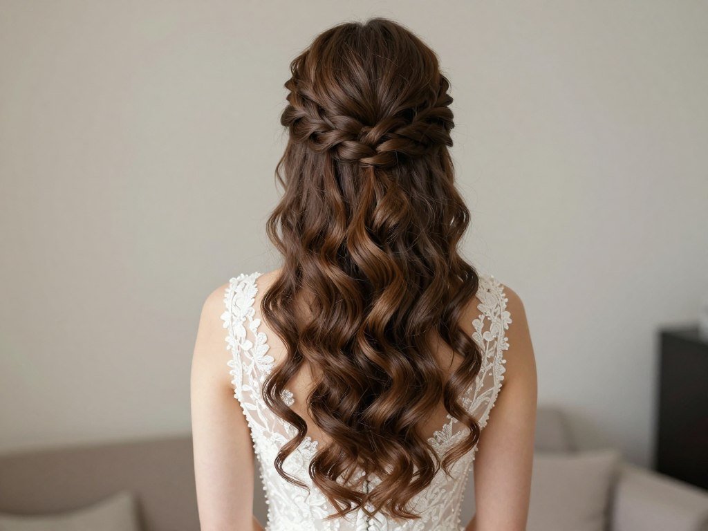Half up half down wedding hairstyle with waterfall braid