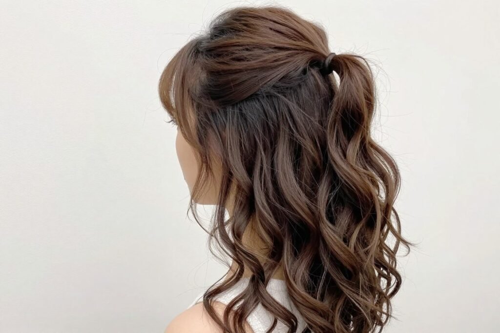 Half up half down wig styled with a half ponytail and loose waves