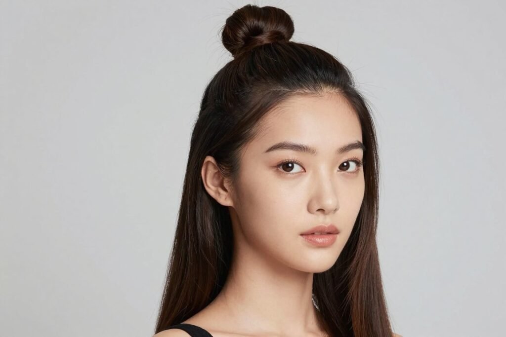 Half up half down wig styled with a sleek top knot and straight flowing hair