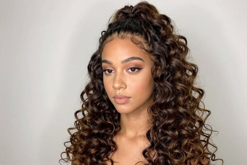 Half up half down wig with a curly puff on top and defined curls flowing down