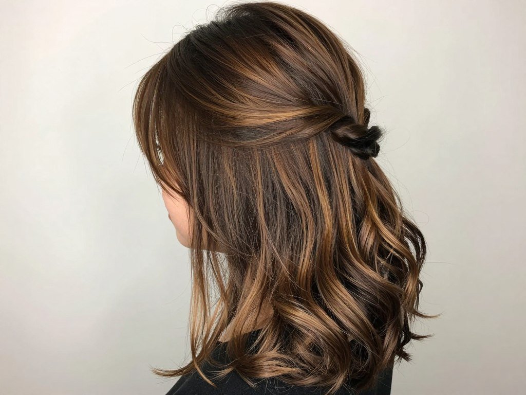 Half-up style on brown hair with balayage highlights Half-up style on brown hair with balayage highlights