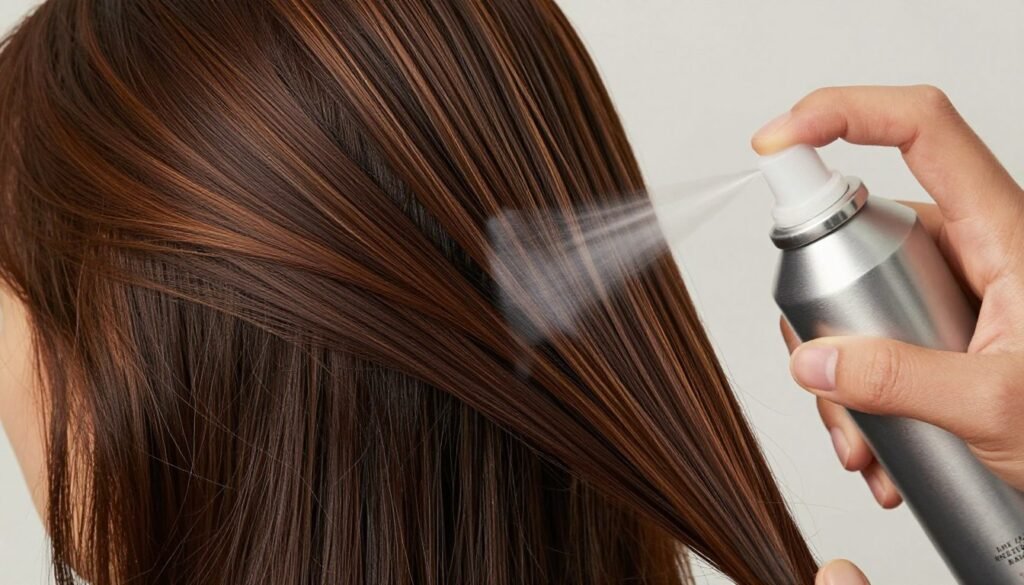 Heat protectant being applied to chocolate brown highlighted hair before styling Heat protectant being applied to chocolate brown highlighted hair before styling