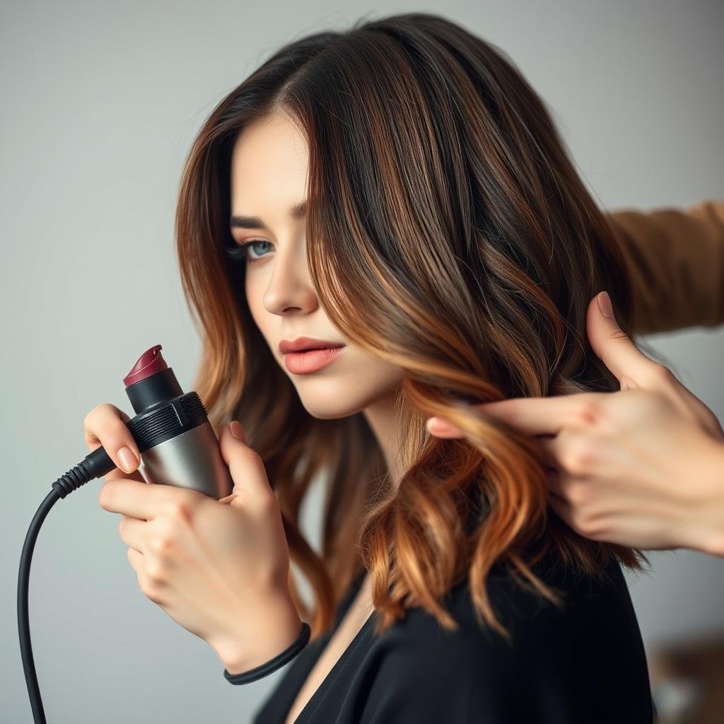 Heat protectant spray being applied to ombre brunette hair