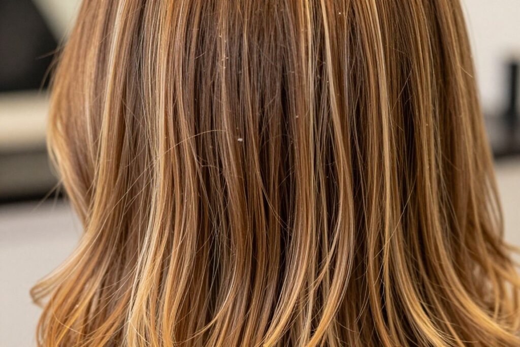 Honey brown hair with traditional foil highlights showing precise application