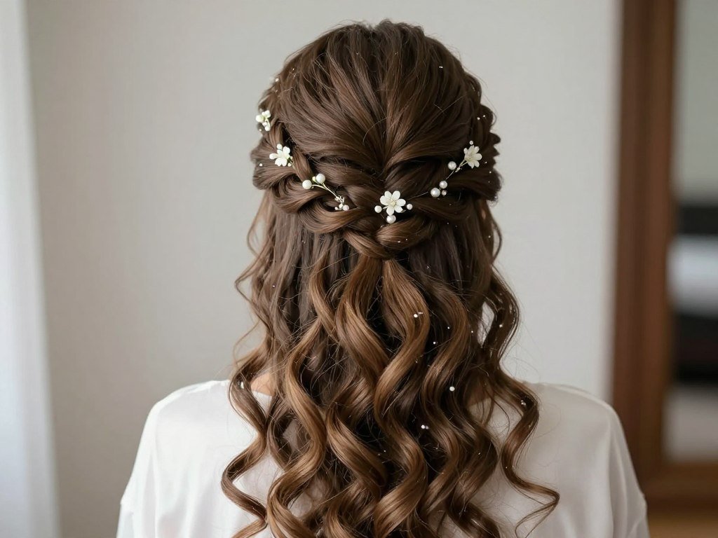Intricate braided half up half down bridal hairstyle with floral accents Intricate braided half up half down bridal hairstyle with floral accents