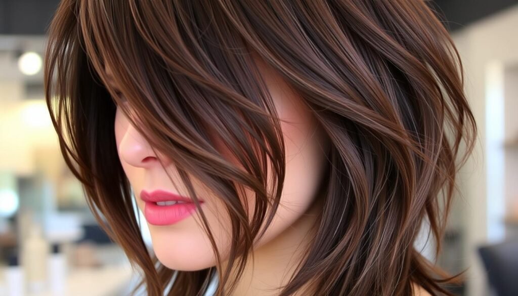 Layered medium length haircut with side-swept bangs Layered medium length haircut with side-swept bangs