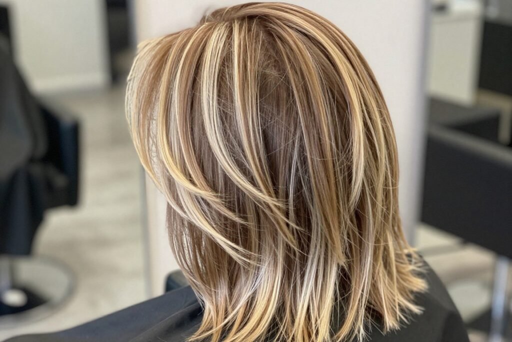 Light brown hair with bold chunky highlights