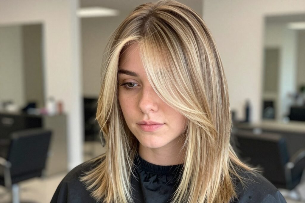 Light brown hair with bright face-framing money piece highlights